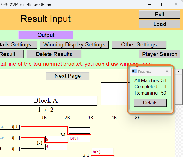 Tournament progress window