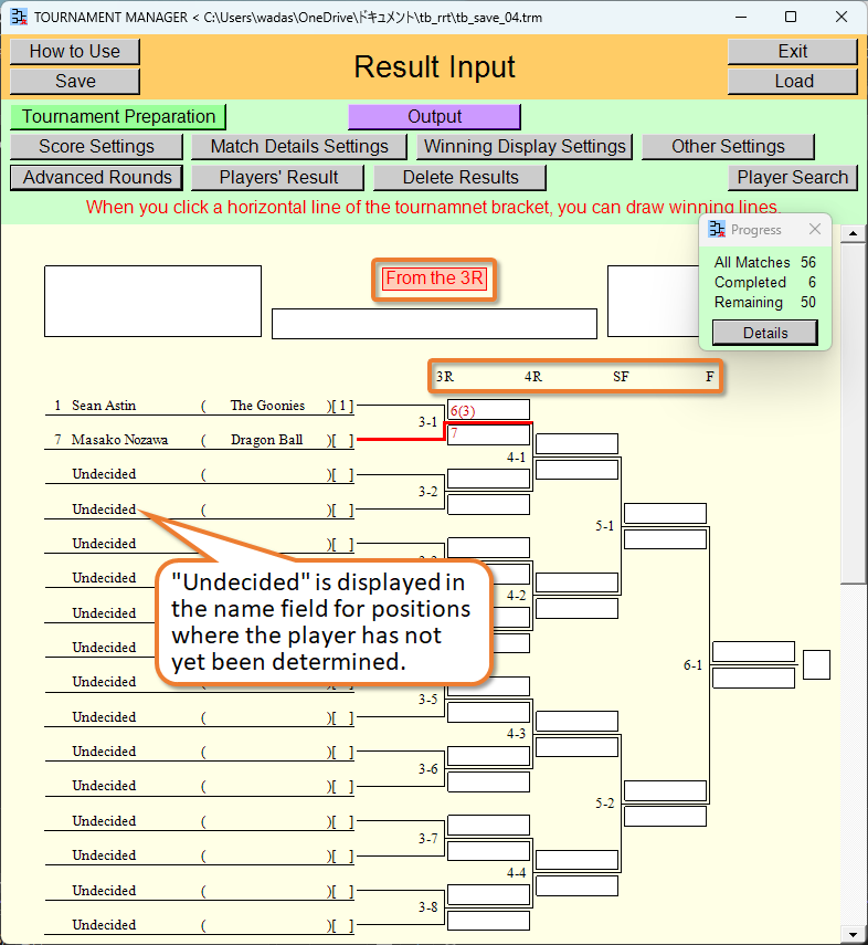 Display of Only the Advanced Rounds of the Tournament Bracket