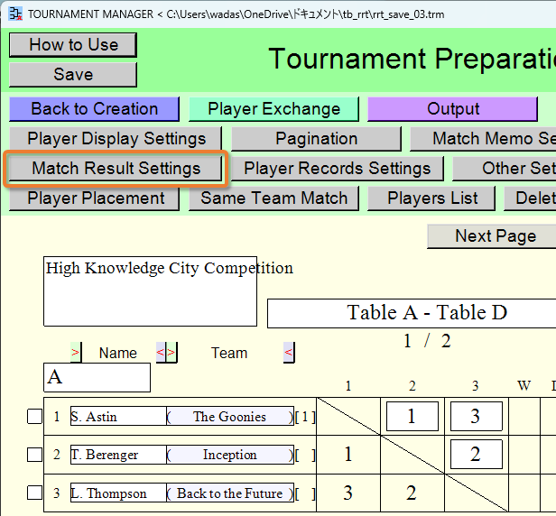 [Match Result Settings] button