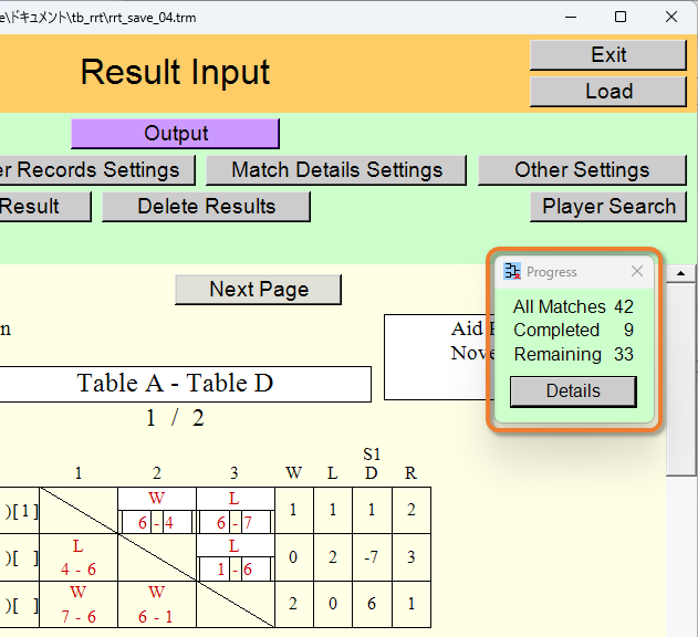 Tournament progress window