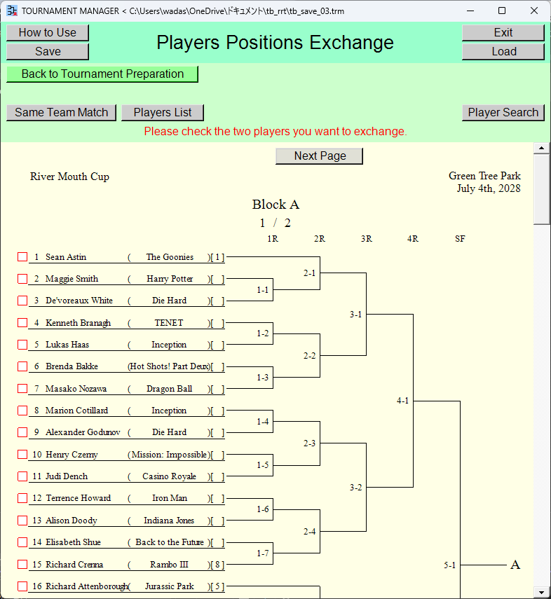 Tournament Bracket, Players Positions Exchange